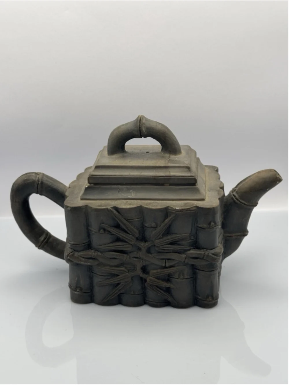 Chinese Dark Gray Pottery Teapot with Bamboo Relief Motif